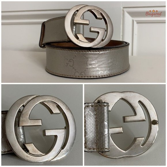Authentic Gucci Silver Imprime Monogram Leather Interlocking G Buckle Belt 95/38 main image 13
